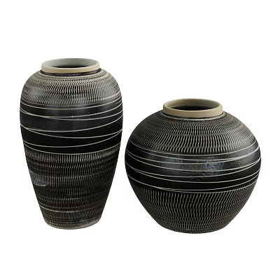 Two Black Ceramic Vases With White Stripes And Textured Design For Home Decor 3d model