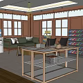 Public Office Space Interior With Computers Bookshelves Whiteboard Large Windows and Tables