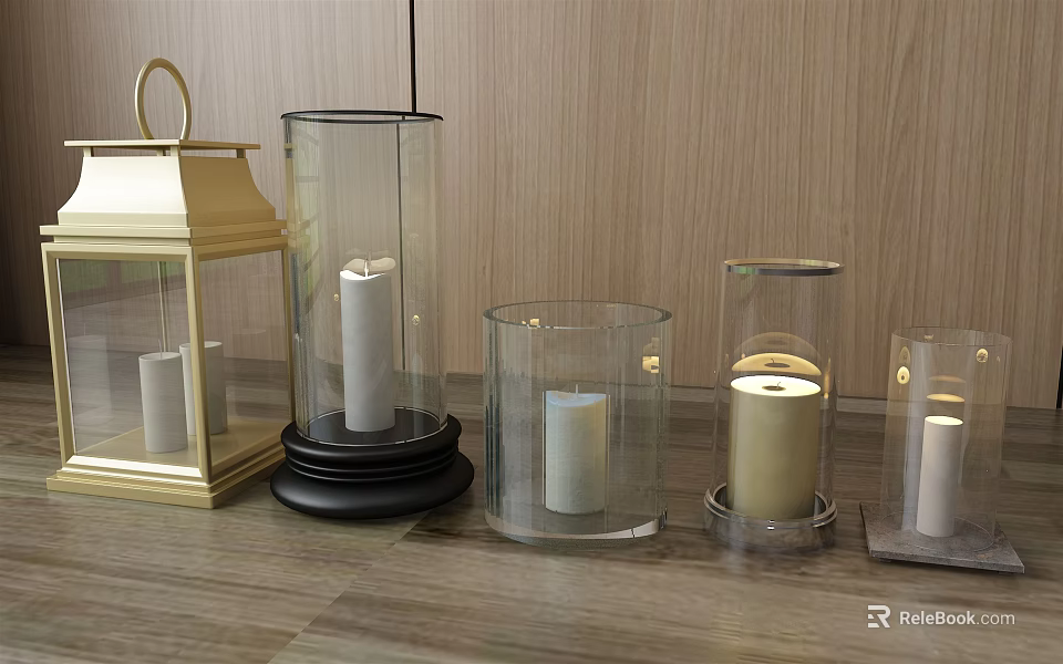 Elegant Glass And Gold Candle Lamps On Wooden Table With Different Styles 3d model 