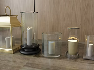 Elegant Glass And Gold Candle Lamps On Wooden Table With Different Styles 3d model