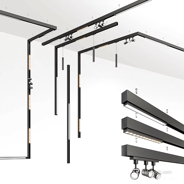 Track Mounted Downlights and Spotlights Modern Design with Sleek Black Frames Adjustable Angles Ceiling Installation 3d model