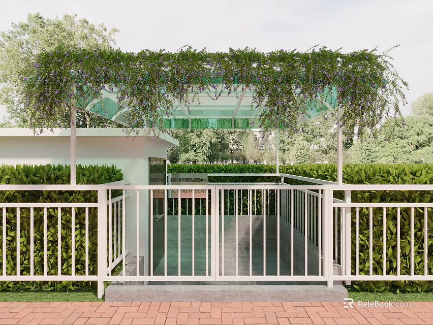 Outdoor Scenic Station With Green Vine Covered Glass Roof White Railings And Red Brick Ground 3d model 