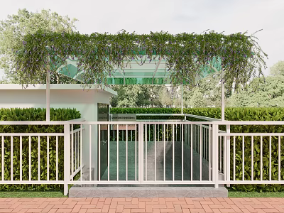 Outdoor Scenic Station With Green Vine Covered Glass Roof White Railings And Red Brick Ground 3d model