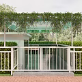 Outdoor Scenic Station With Green Vine Covered Glass Roof White Railings And Red Brick Ground