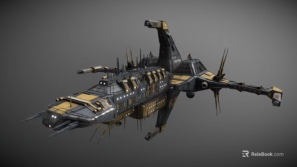 Sci Fi Spaceship Detailed Mechanical Design With Black Yellow Gray Armor And Weapons 3d model 