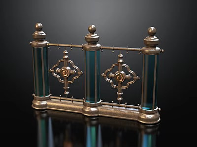 Ornate Metal Fence Featuring Blue Columns Spherical Finials And Intricate Patterns 3d model