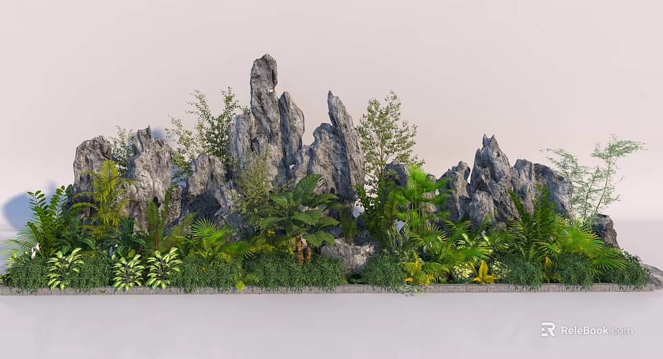 Rockery Stones Garden Design With Lush Green Plants And Tropical Foliage 3d model 