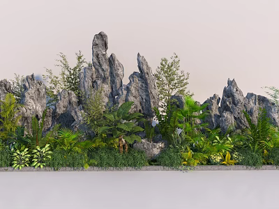 Rockery Stones Garden Design With Lush Green Plants And Tropical Foliage 3d model