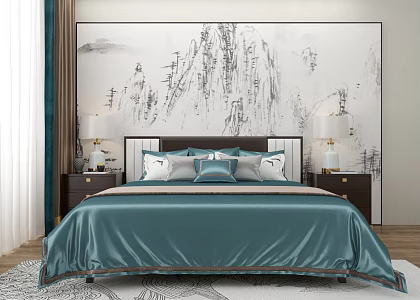 New Chinese Background Double Bed Double Bed 3d model