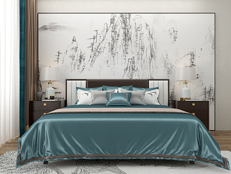 New Chinese Background Double Bed Double Bed 3d model