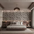 Modern Rustic Bedroom Interior With Stone Textured Accent Wall Wooden Bed And Pendant Light