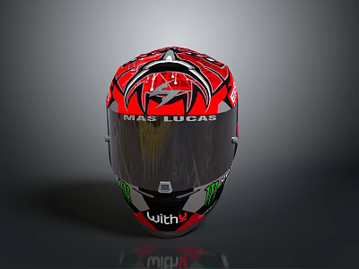 Red Motorcycle Helmet Featuring Black Green Patterns And Marc Marquez Logo 3d model