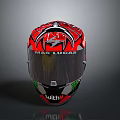 Red Motorcycle Helmet Featuring Black Green Patterns And Marc Marquez Logo