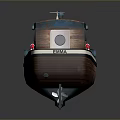 Wooden Small Boat With Cabin Windows And Lifebuoy On Gray Background