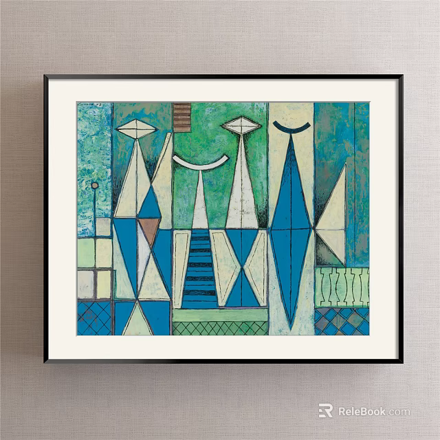 Abstract Painting With Geometric Shapes Blue Green Tones And Framed Art Design 3d model 