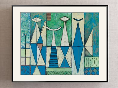 Abstract Painting With Geometric Shapes Blue Green Tones And Framed Art Design 3d model