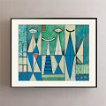 Abstract Painting With Geometric Shapes Blue Green Tones And Framed Art Design