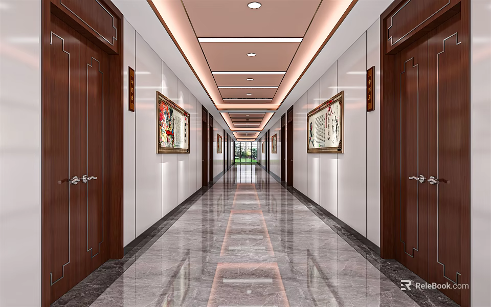 Modern Elevator Hallway With Marble Floor Dark Brown Doors Ceiling Lights And Artworks 3d model