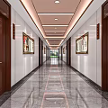 Modern Elevator Hallway With Marble Floor Dark Brown Doors Ceiling Lights And Artworks 3d model