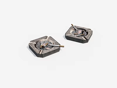 Square Dark Ashtrays With Metal Mesh And Cigarettes On White Background 3d model