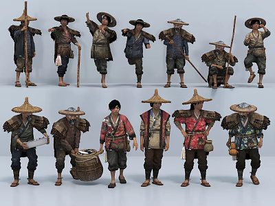 Traditional Characters Wearing Conical Hats With Various Poses Traditional Attire And Props 3d model