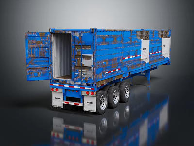 Blue Rusty Worn Hyundai Semi Trailer With Open Cargo Bed Multiple Wheels Rear Reflective Strips 3d model