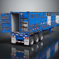 Blue Rusty Worn Hyundai Semi Trailer With Open Cargo Bed Multiple Wheels Rear Reflective Strips