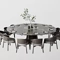 Modern Round Dining Table Set With Marble Top Gray Chairs Tableware And Green Plant 3d model