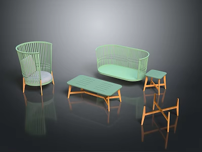 Modern Light Green Rattan Sofa And Coffee Table Set With Wooden Legs For Living Room 3d model