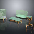 Modern Light Green Rattan Sofa And Coffee Table Set With Wooden Legs For Living Room