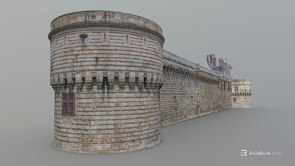 Historic Ancient Architecture Showcasing Circular Tower Stone Brick Wall And Battlements 3d model 