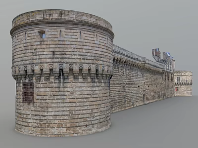 Historic Ancient Architecture Showcasing Circular Tower Stone Brick Wall And Battlements 3d model