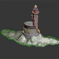Detailed White Lighthouse Tower Featuring Turquoise Dome On Rocky Coastal Base With Architectural Windows
