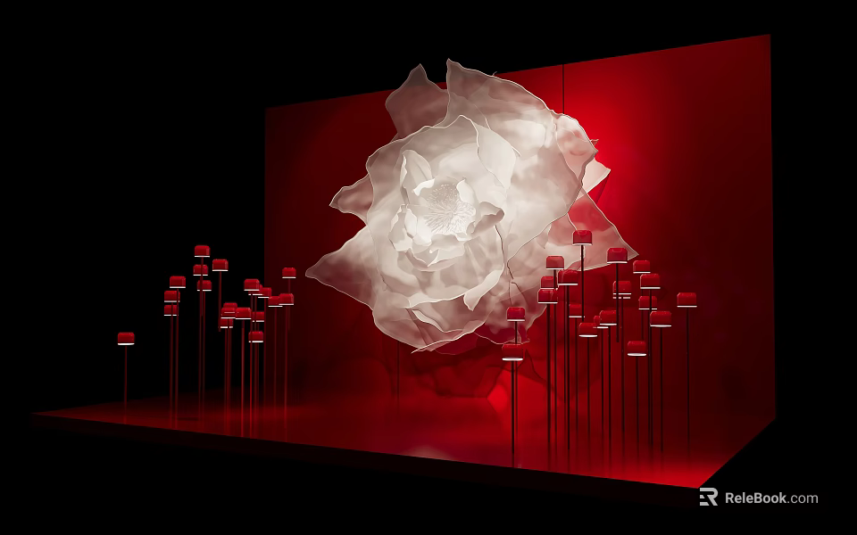 Enchanting Stage With Giant White Flower Red Background And Red Decorative Pillars 3d model 