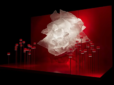 Enchanting Stage With Giant White Flower Red Background And Red Decorative Pillars 3d model