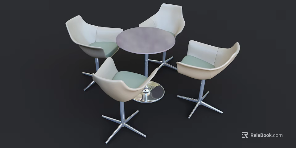 Modern Round Table With Four White Chairs Light Green Cushions And Silver Legs 3d model 