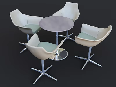 Modern Round Table With Four White Chairs Light Green Cushions And Silver Legs 3d model