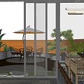 Modern Courtyard Garden With Glass Structure Circular Lighting Lush Plants And Stone Flooring