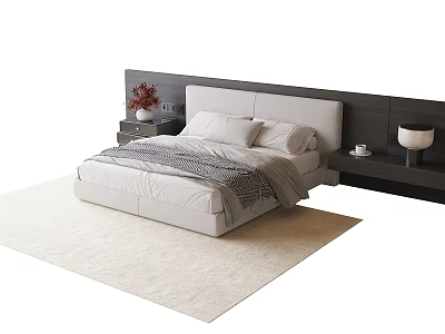 Modern Double Bed with Gray Headboard Nightstands Vase and Red Flowers in Bedroom Interior 3d model