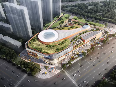 Modern Commercial Street With Green Roof Busy Roads And Surrounding Tall Buildings 3d model