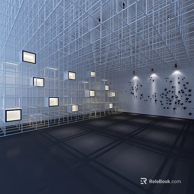 Modern Art Installation With Metal Grid Structure Square Screens And Black Star Decorations 3d model 