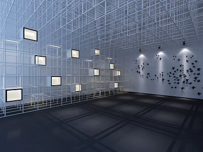 Modern Art Installation With Metal Grid Structure Square Screens And Black Star Decorations 3d model