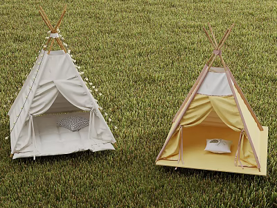 White and Yellow Tipi Tents with Pillows and Decorative Tassels on Green Grass 3d model