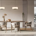 Modern Open Kitchen Restaurant With Dining Table Pendant Lights Chairs And Plants