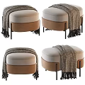 Beige And Brown Upholstered Ottoman With Woven Blanket And Black Metal Legs
