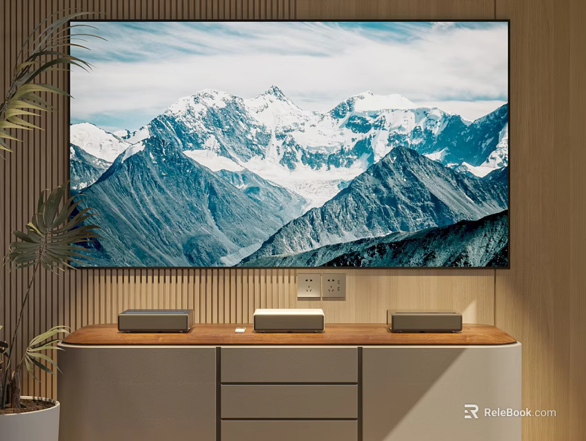 Modern TV Displaying Mountain Landscape With Wooden Cabinet Speakers And Plant 3d model 