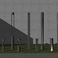Tall Pole Outdoor Lights with Green Hedge Background and Grass Lawn Stone Path
