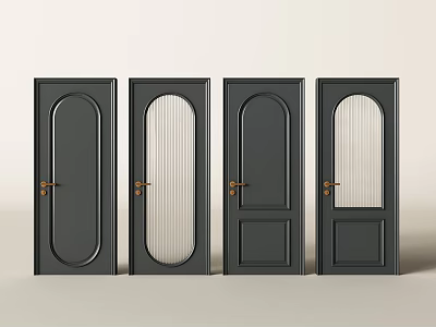 Dark Gray Hinged Doors Featuring Various Panel Designs Glass Inserts And Golden Handles 3d model