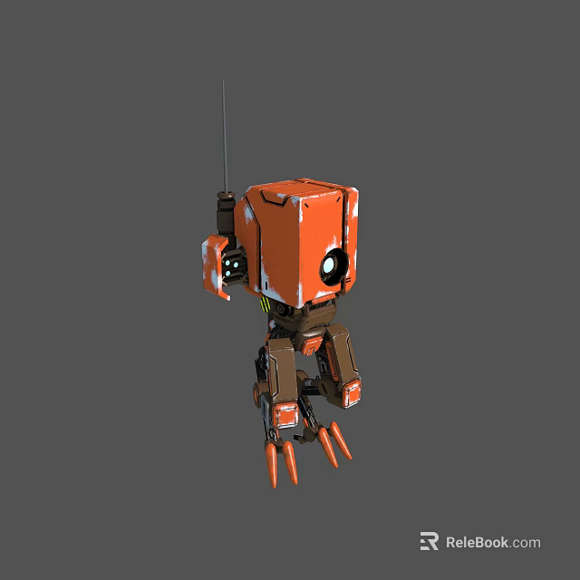 Orange Robot Character With Mechanical Structure Claw Legs And Antenna Design 3d model 