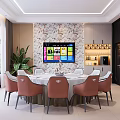 Elegant Private Dining Room With Round Table Pink Chairs Large Screen TV And Patterned Wall 3d model